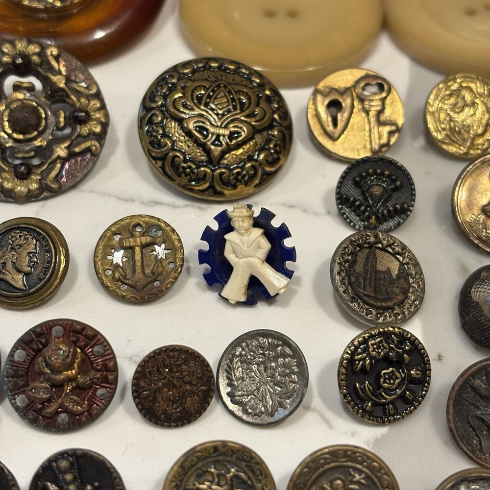RARE Antique Victorian Picture Button Lot Of 61 Brass Steel Glass Horn 1800s